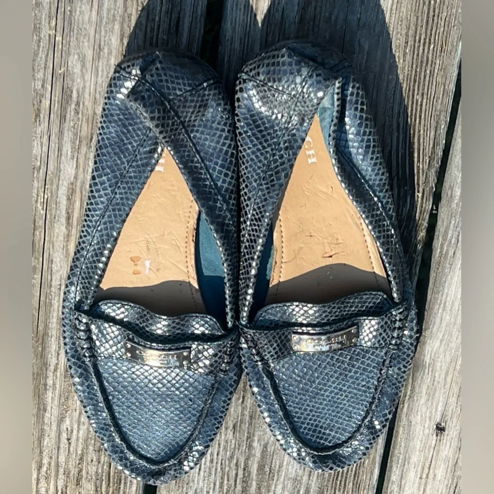 Coach Fredrica blue iridescent snake print leather logo loafers Y2K